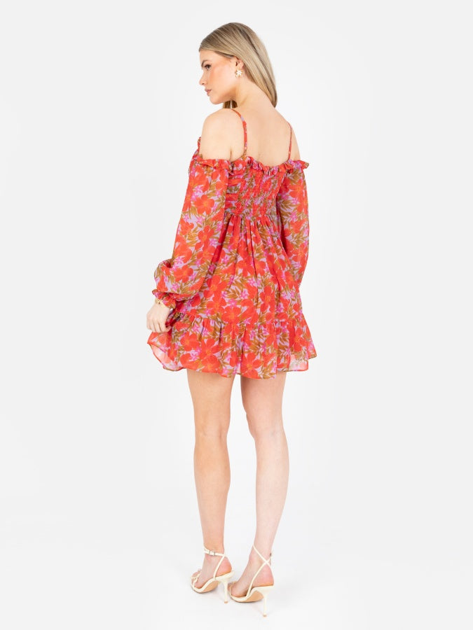 Anaya With Love Recycled Floral Print Bardot Long Sleeve Mini Dress