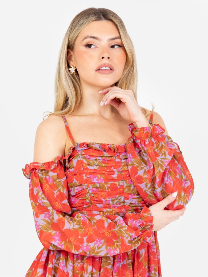 Anaya With Love Recycled Floral Print Bardot Long Sleeve Mini Dress