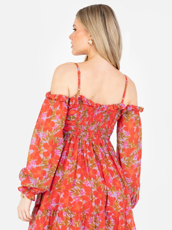 Anaya With Love Recycled Floral Print Bardot Long Sleeve Mini Dress