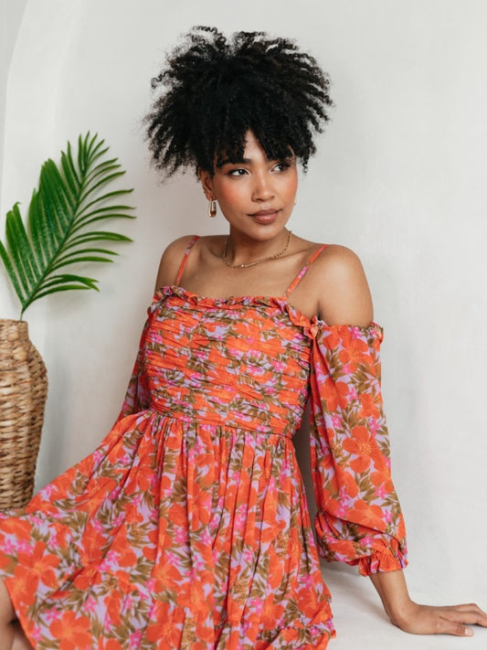 Anaya With Love Recycled Floral Print Bardot Long Sleeve Mini Dress