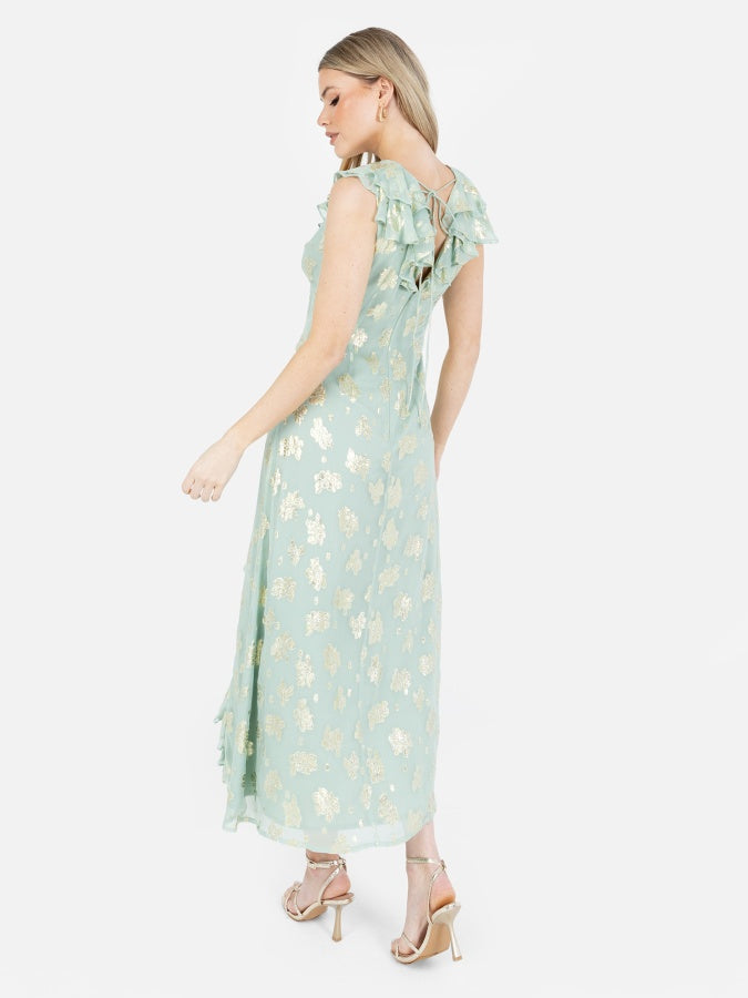 Maya Gold Floral Jacquard & Ruffle Detail Midi Dress