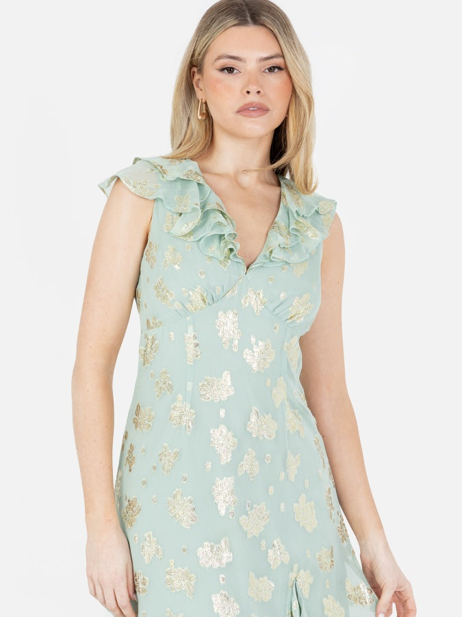 Maya Gold Floral Jacquard & Ruffle Detail Midi Dress