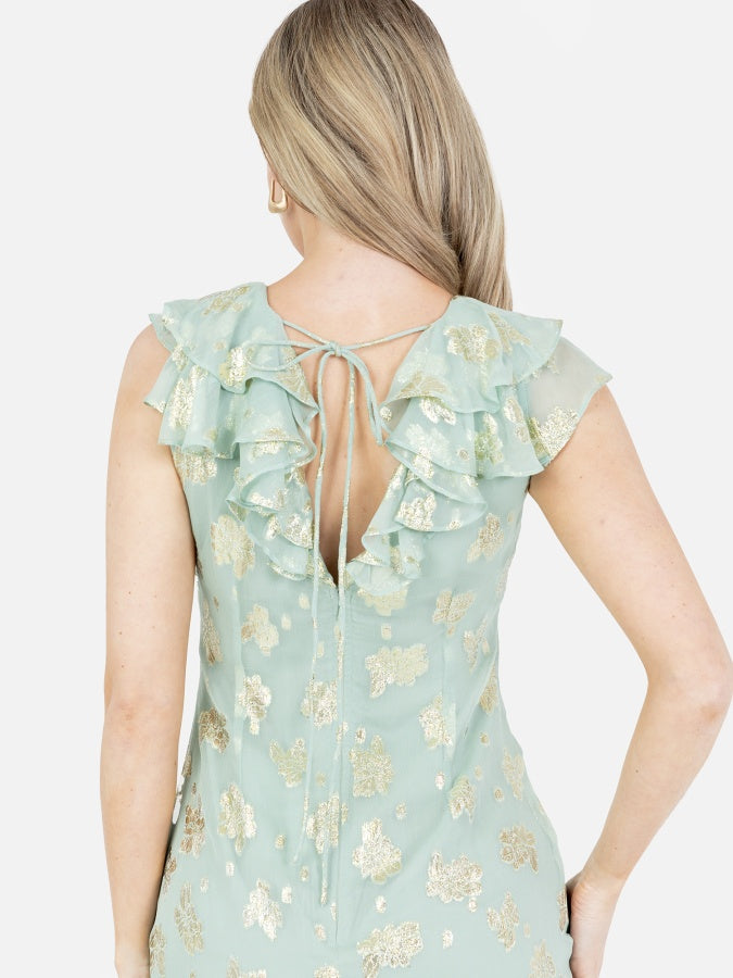 Maya Gold Floral Jacquard & Ruffle Detail Midi Dress