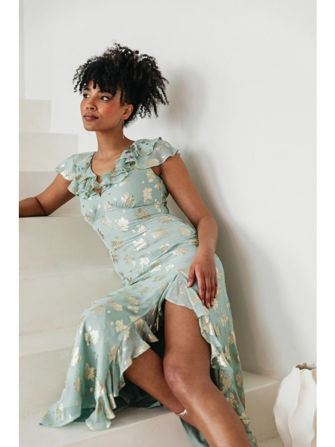 Maya Gold Floral Jacquard & Ruffle Detail Midi Dress