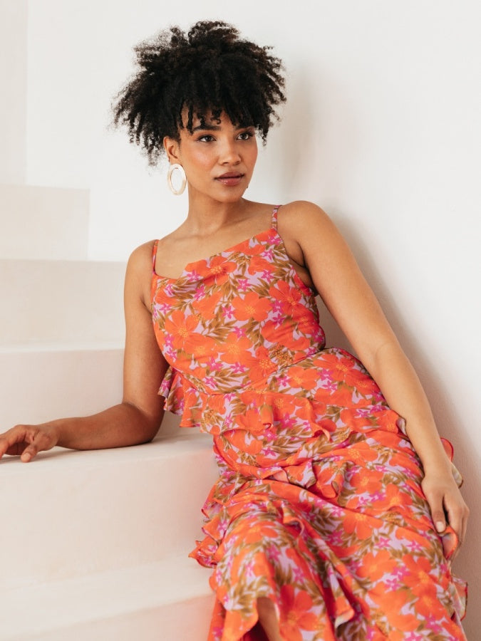 Anaya With Love Tropical Print Strappy Cowl Neck Midi Dress