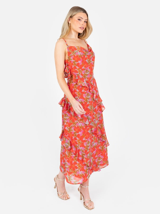 Anaya With Love Tropical Print Strappy Cowl Neck Midi Dress