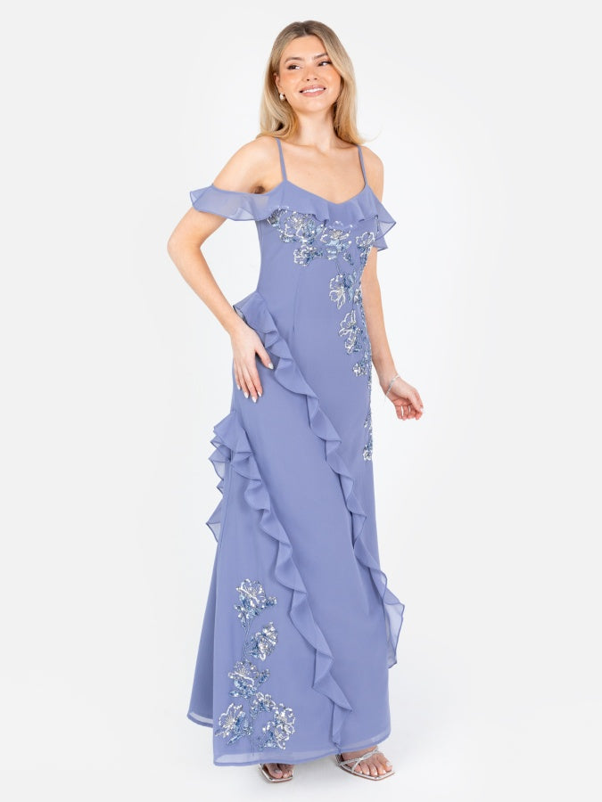 Maya Lavender Blue Embellished Cold Shoulder Maxi Dress