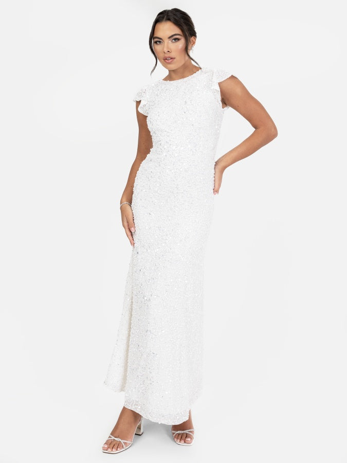 Maya Bridal Fully Embellished Short Flutter Sleeve Maxi Dress