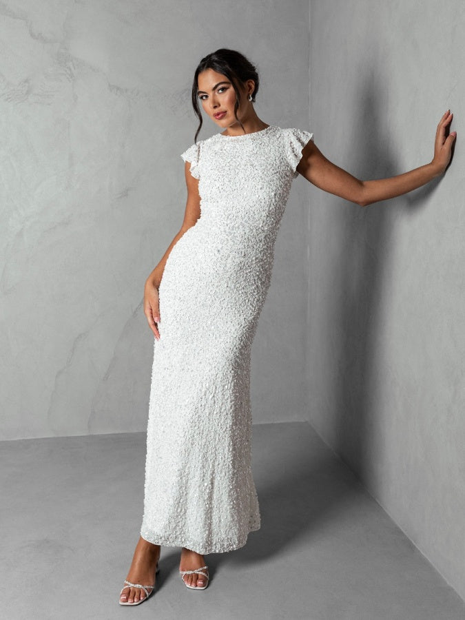 Maya Bridal Fully Embellished Short Flutter Sleeve Maxi Dress