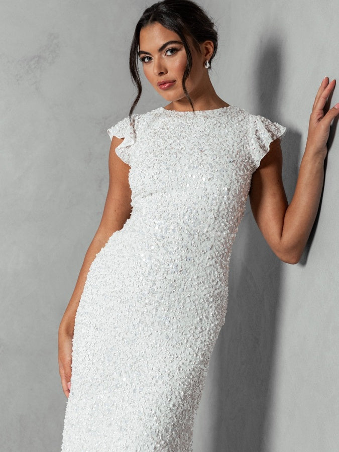 Maya Bridal Fully Embellished Short Flutter Sleeve Maxi Dress