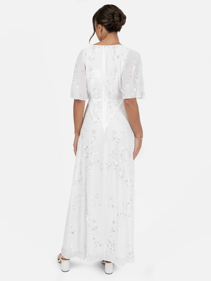 Maya Bridal White Floral Motif Cape Sleeve Faux Wrap Maxi Dress