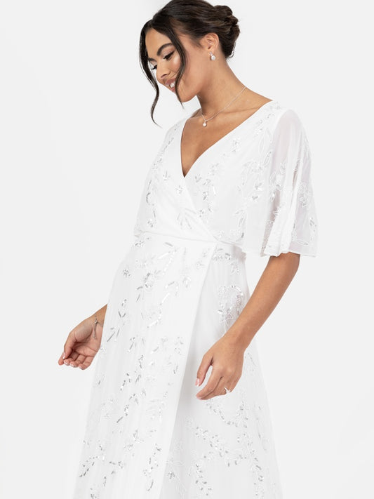 Maya Bridal White Floral Motif Cape Sleeve Faux Wrap Maxi Dress