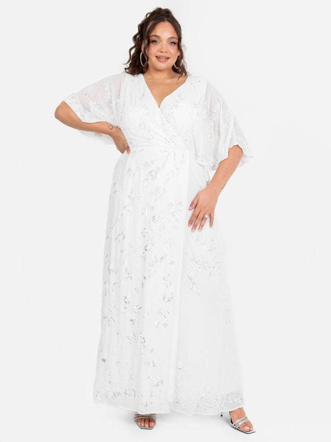 Maya Bridal White Floral Motif Cape Sleeve Faux Wrap Maxi Dress