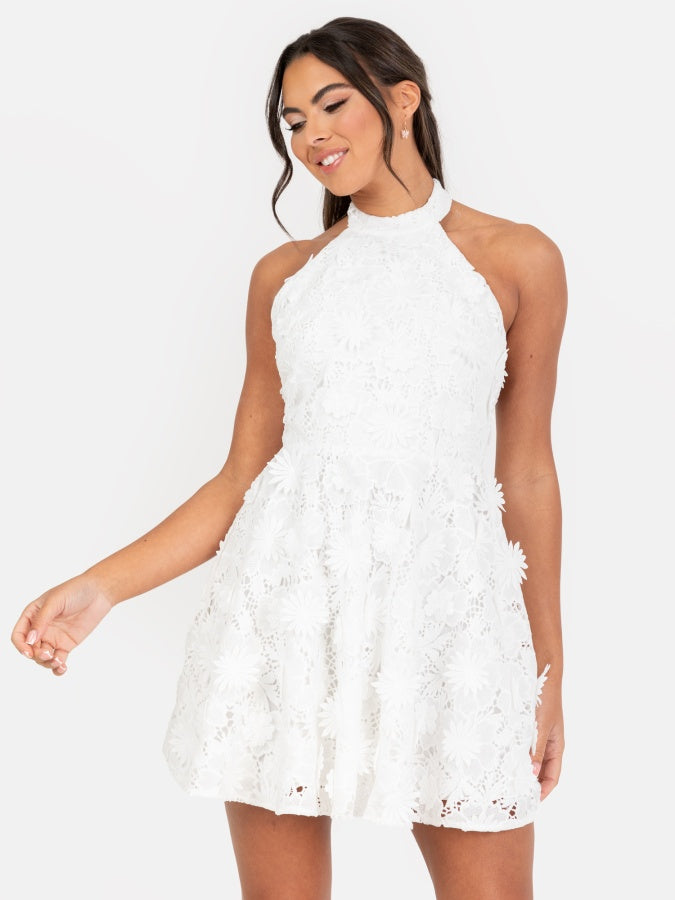 Maya White Halter Neck & Open Back Floral Lace Mini Dress
