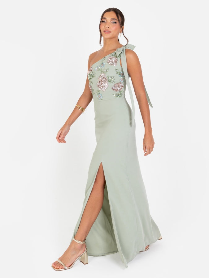 Maya Sage Green Floral Embellished Self-Tie One Shoulder Maxi Dress
