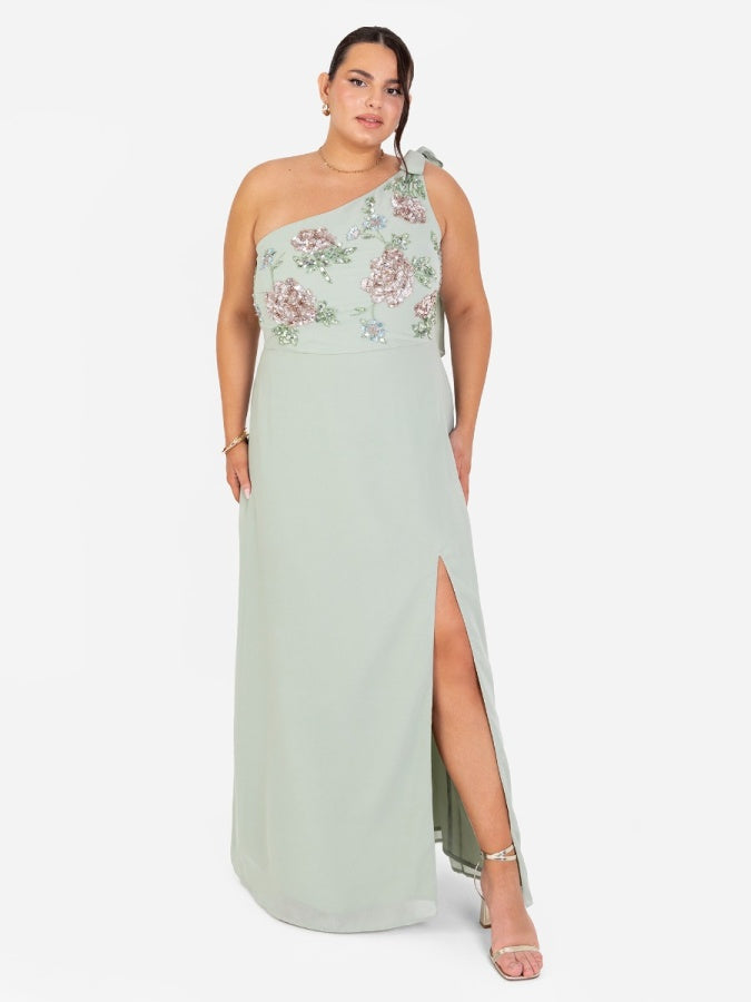 Maya Sage Green Floral Embellished Self-Tie One Shoulder Maxi Dress