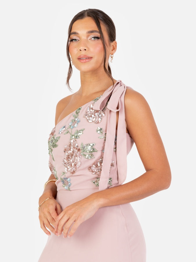 Maya Frosted Pink Floral Embellished Self-Tie One Shoulder Maxi Dress