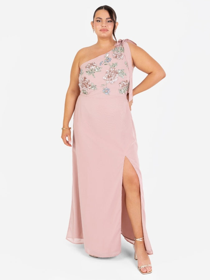 Maya Frosted Pink Floral Embellished Self-Tie One Shoulder Maxi Dress