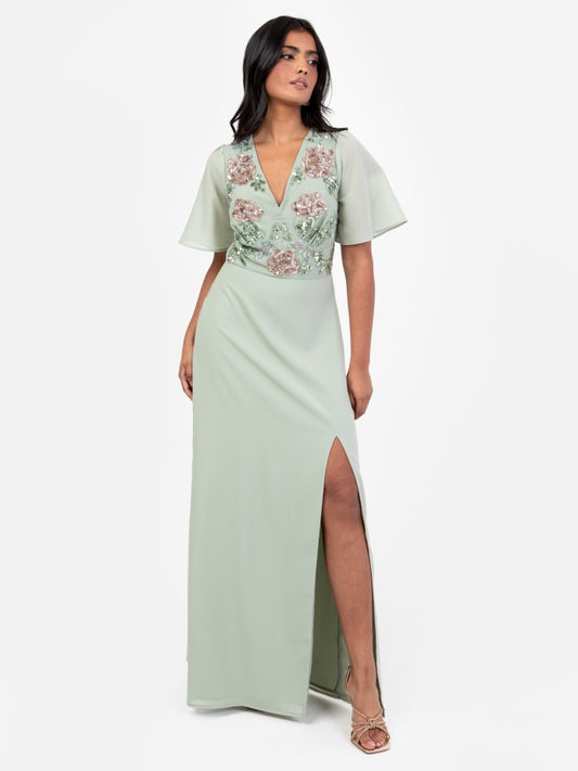 Maya Sage Green Floral Embellished Short Sleeve Maxi Dress with Skirt Split