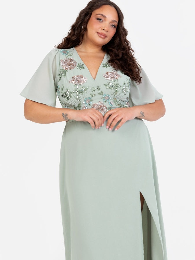 Maya Sage Green Floral Embellished Short Sleeve Maxi Dress with Skirt Split