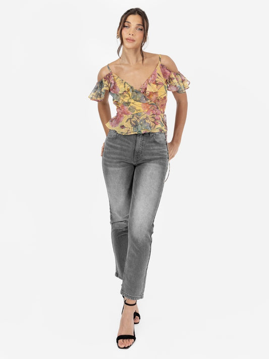 Anaya with Love Recycled Floral Print Wrap Cold Shoulder Top