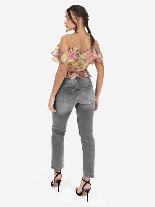 Anaya with Love Recycled Floral Print Wrap Cold Shoulder Top