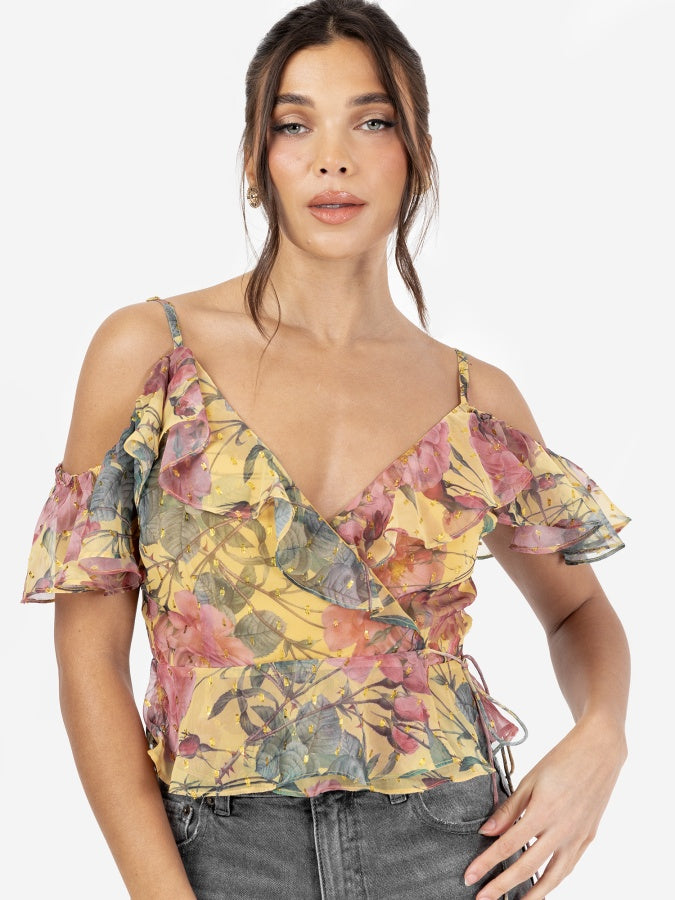 Anaya with Love Recycled Floral Print Wrap Cold Shoulder Top