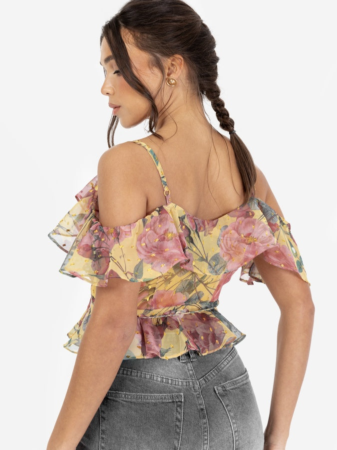 Anaya with Love Recycled Floral Print Wrap Cold Shoulder Top