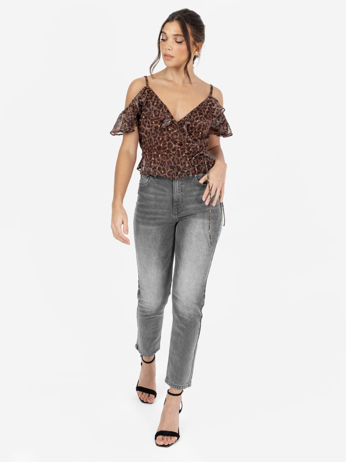 Anaya with Love Recycled Animal Print Wrap Cold Shoulder Top