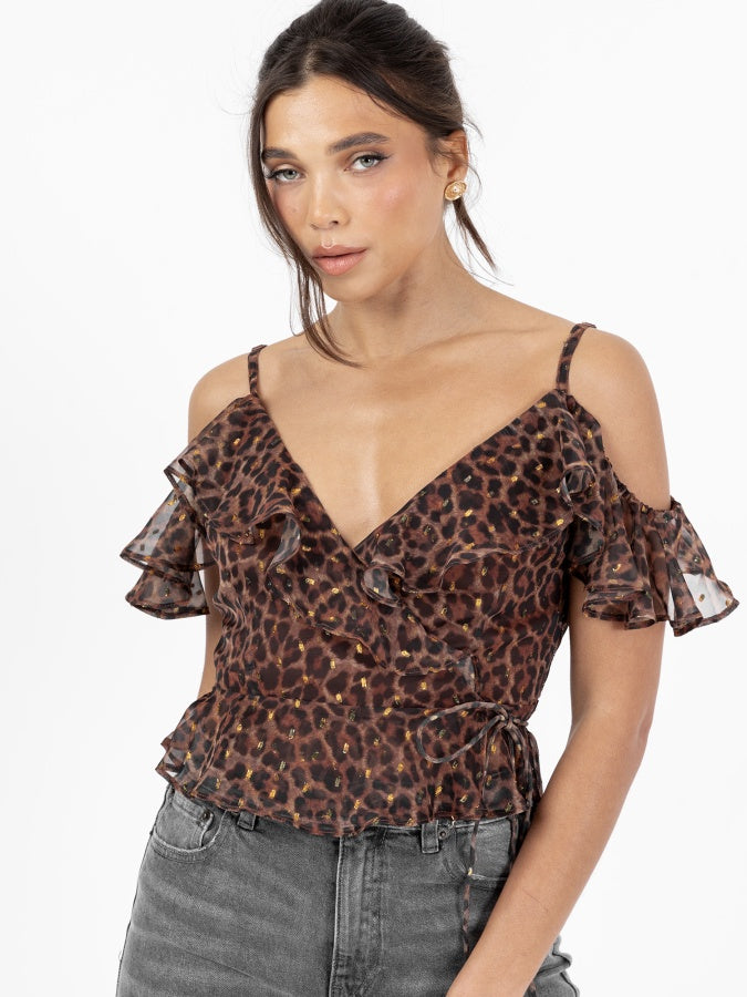 Anaya with Love Recycled Animal Print Wrap Cold Shoulder Top