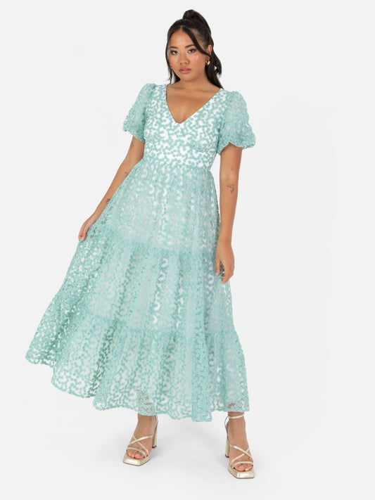 Maya Floral Embroidered Open Back Midi Dress