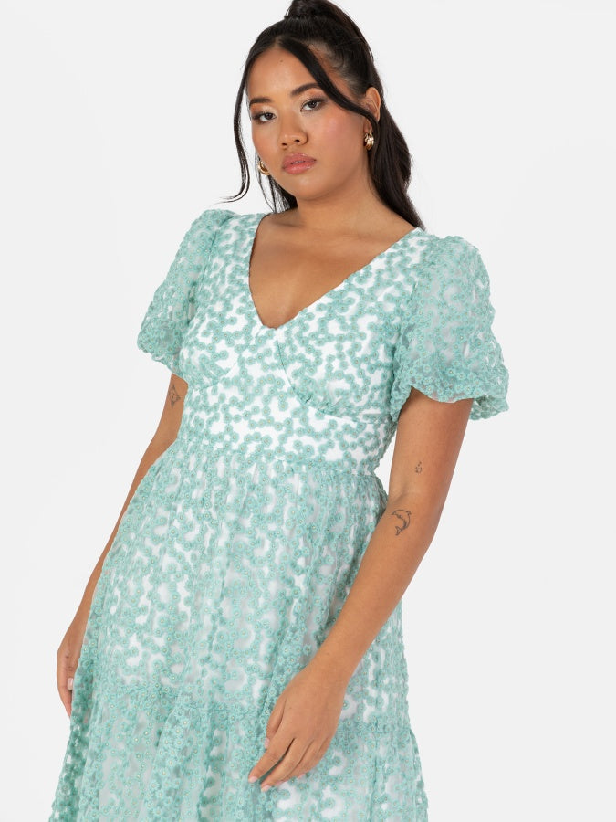 Maya Floral Embroidered Open Back Midi Dress