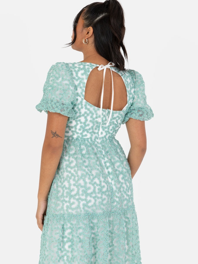 Maya Floral Embroidered Open Back Midi Dress