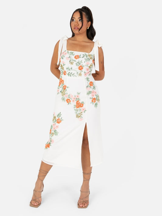 Maya Cream Tie-Shoulder Strappy Embellished Midi Dress