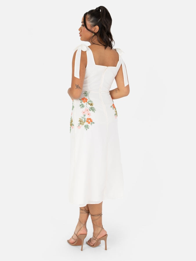 Maya Cream Tie-Shoulder Strappy Embellished Midi Dress