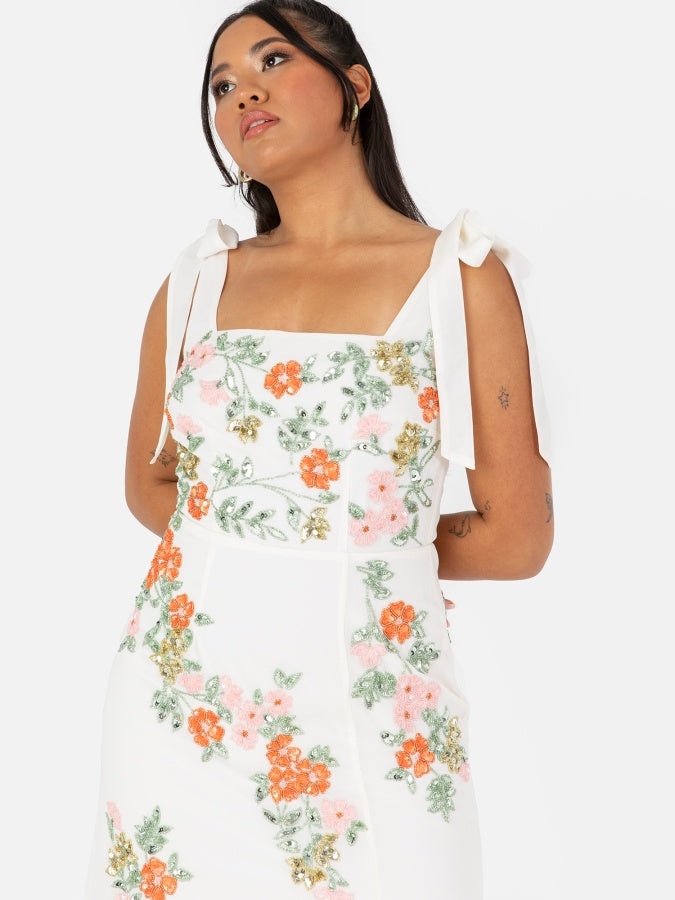 Maya Cream Tie-Shoulder Strappy Embellished Midi Dress