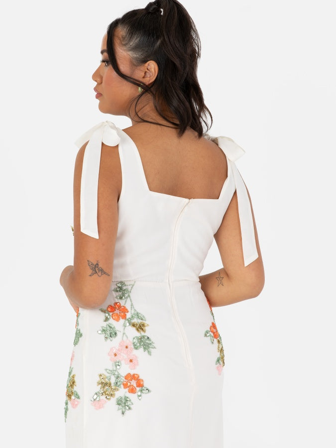 Maya Cream Tie-Shoulder Strappy Embellished Midi Dress