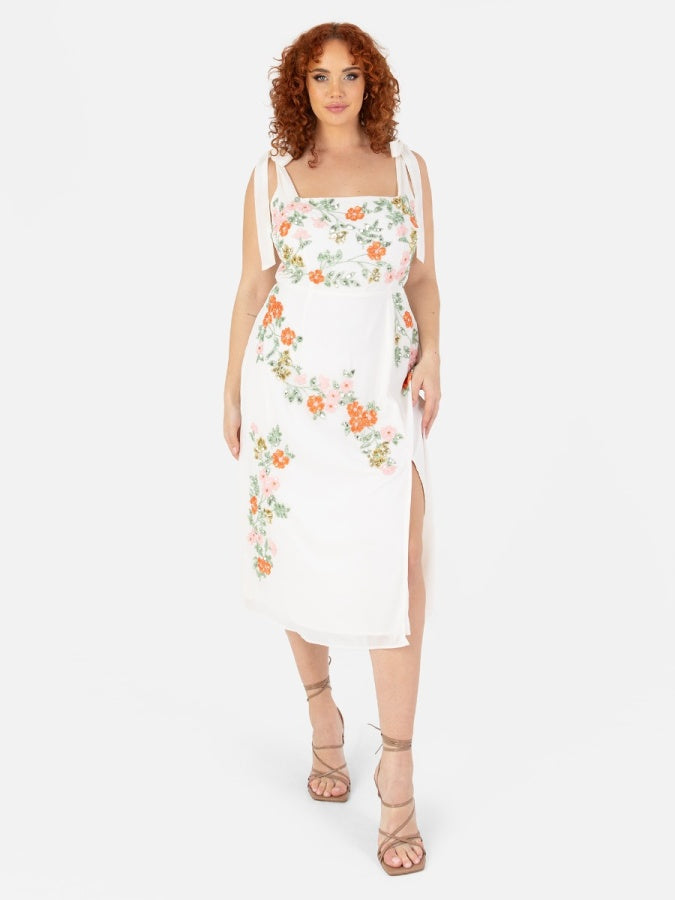 Maya Cream Tie-Shoulder Strappy Embellished Midi Dress