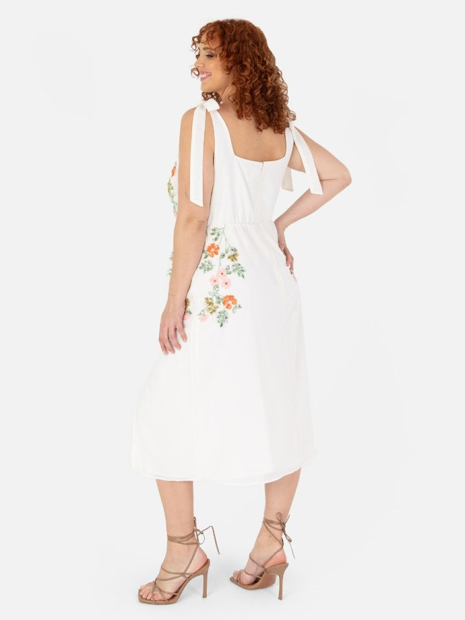 Maya Cream Tie-Shoulder Strappy Embellished Midi Dress