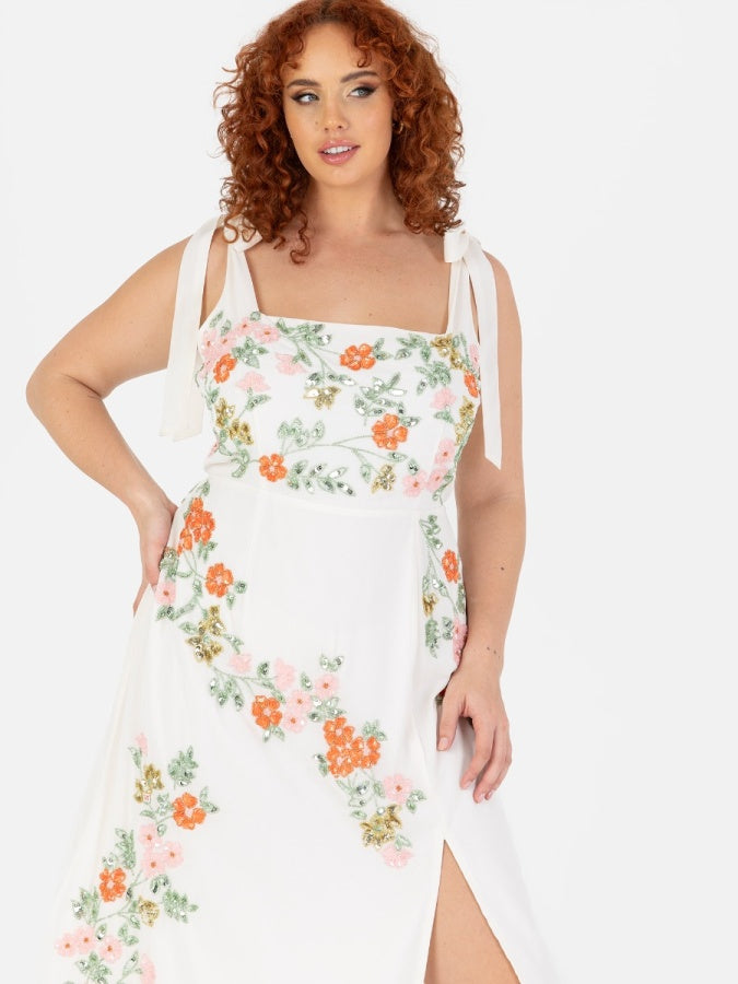 Maya Cream Tie-Shoulder Strappy Embellished Midi Dress