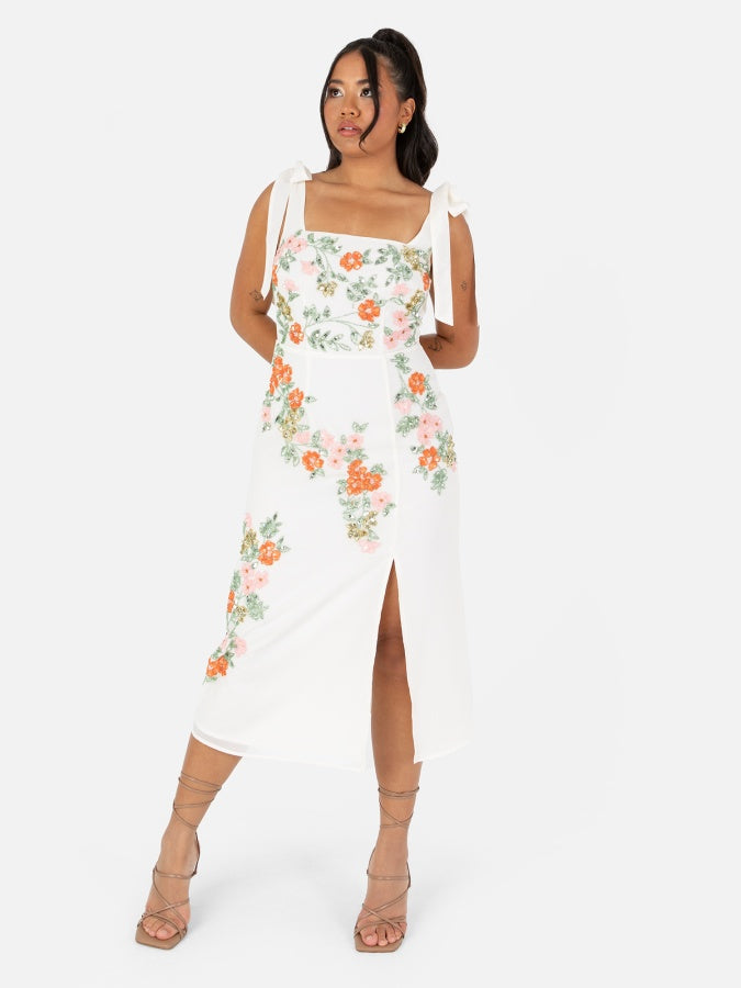 Maya Cream Tie-Shoulder Strappy Embellished Midi Dress