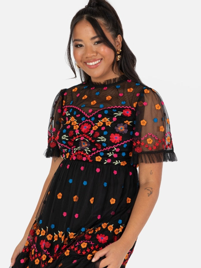 Maya Black Fully Embroidered Maxi Dress