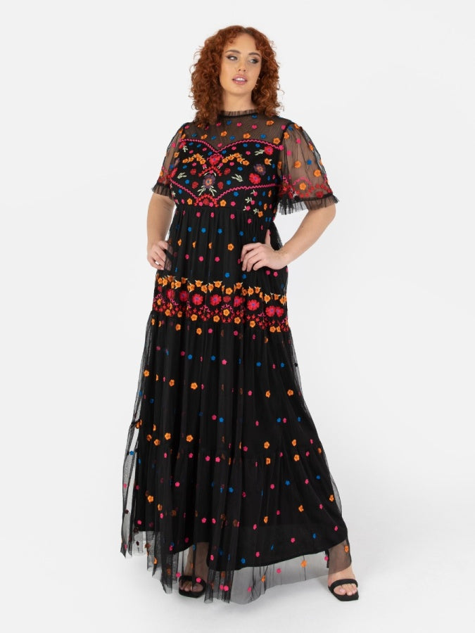Maya Black Fully Embroidered Maxi Dress