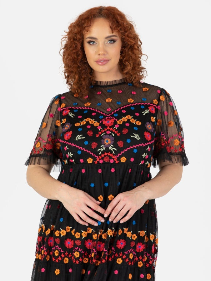 Maya Black Fully Embroidered Maxi Dress