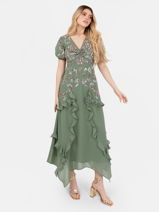 Maya Dark Sage Embellished Twist Bodice Asymmetric Hem Midi Dress