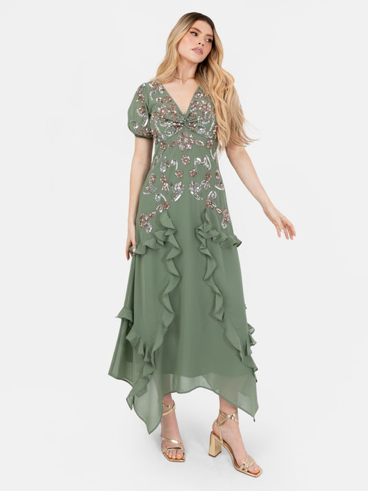 Maya Dark Sage Embellished Twist Bodice Asymmetric Hem Midi Dress