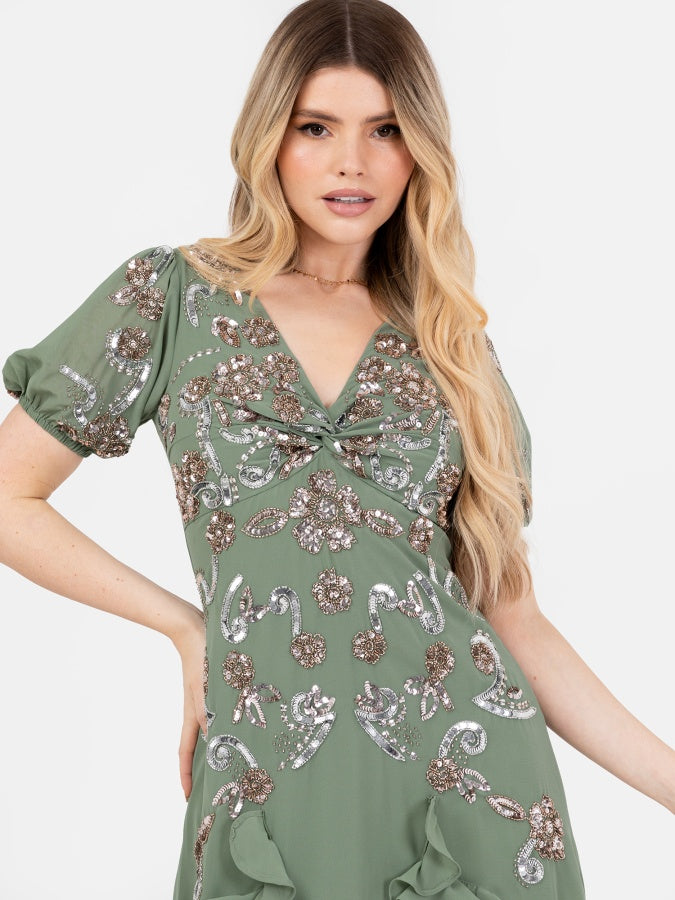 Maya Dark Sage Embellished Twist Bodice Asymmetric Hem Midi Dress