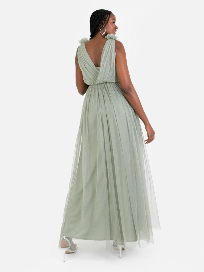 Anaya With Love Recycled Frosty Green Ruffle Shoulder Maxi Dress with Sequin Detail