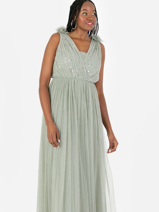 Anaya With Love Recycled Frosty Green Ruffle Shoulder Maxi Dress with Sequin Detail