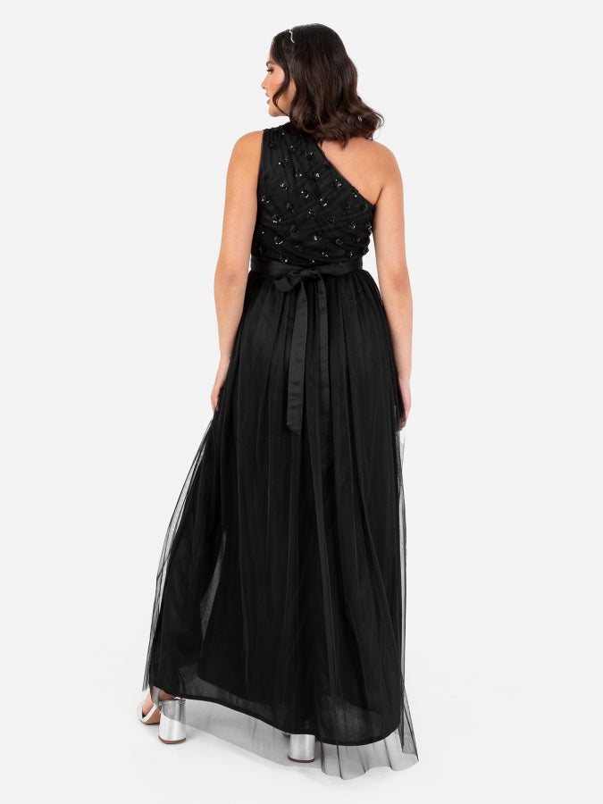 Maya Black Floral Embellished One Shoulder Maxi Dress with Sash Belt